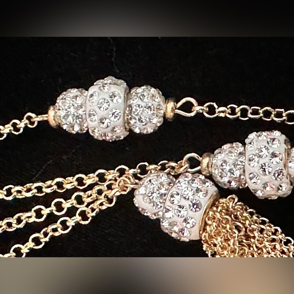 Beaded Tassel Necklace Gold Tone Rhinestone Stone Accent Signed M 5307 P - Picture 6 of 12
